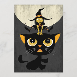Little Witch Playing Leap Frog with Black Cat Invitation