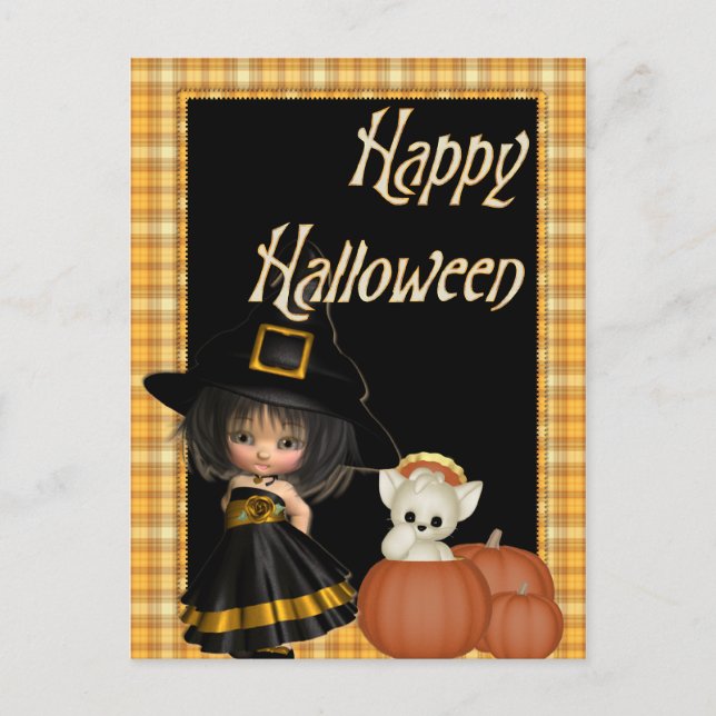 Little Witch & White Cat Halloween Postcards D10 (Front)