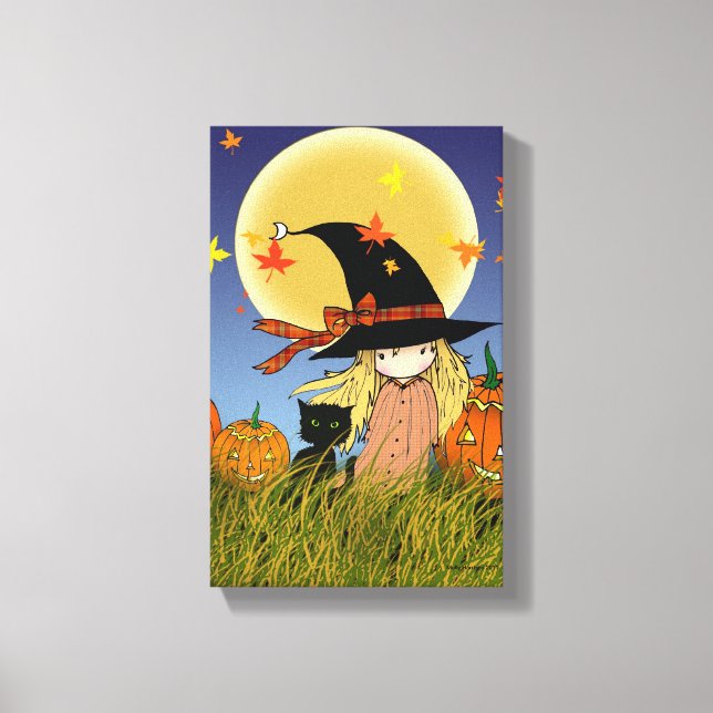 Little Witch with Black Cat Halloween Canvas Print (Front)