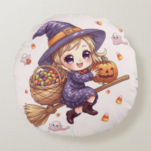 Little Witch with Pumpkin Round Pillow