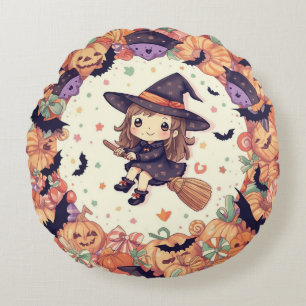 Little Witch with Pumpkins Round Pillow