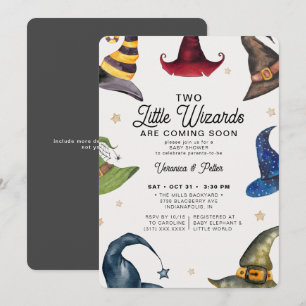 Little Wizards Twin Boy Grey Halloween Baby Shower Invitation