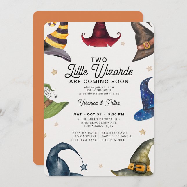 Little Wizards Twin Boy Halloween Baby Shower Invitation (Front/Back)