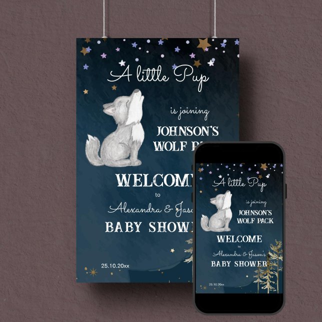Little wolf themed baby shower welcome sign (Wolf themed baby shower welcome sign poster digital download cute howling wolf cub starry night)
