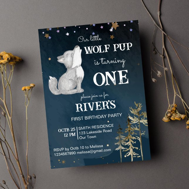 Little wolf themed birthday party invitation (Wolf themed birthday party invitation template little pup woodlands wild one invitation)