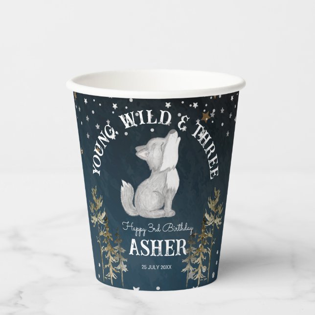 Little wolf themed birthday party monogrammed paper cups (Front)