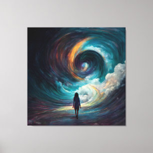 Little Woman Facing The Wave Vortex Art Canvas Print