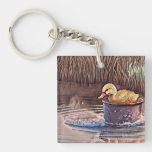 Little Yellow Duckling Playing In Bucket Key Ring