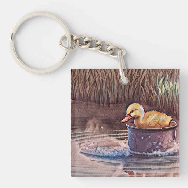 Little Yellow Duckling Playing In Bucket Key Ring (Front)