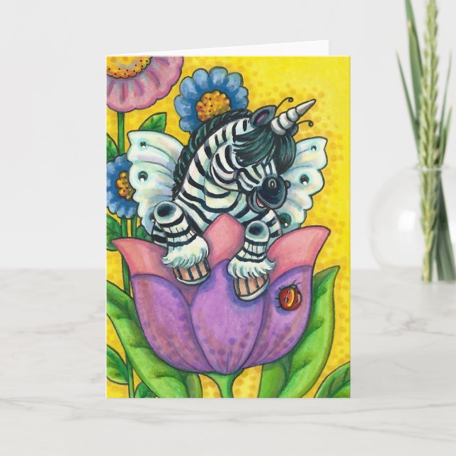 LITTLE ZEBO WHIMSYNICKER, ZEBRA UNICORN Blank Holiday Card (Front)
