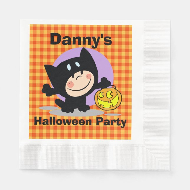 LittleBoyinCostume w/Pumpkin OrangeGingham Napkins (Front)