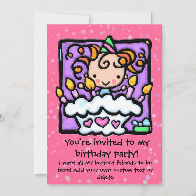 LittleGirlie cute birthday party invitations.PINK Invitation (Front)
