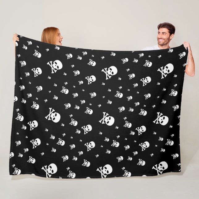 Littles White Pirates Skulls on Black Background Fleece Blanket (In Situ)