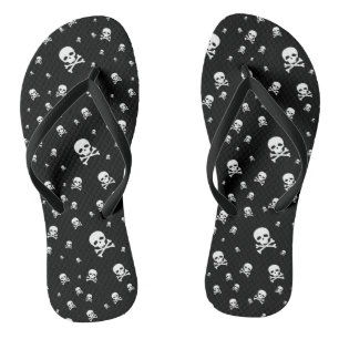 Littles White Pirates Skulls on Black Background Flip Flops