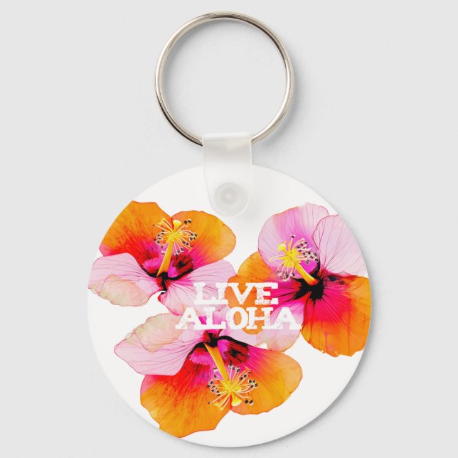Live Aloha Hibiscus Floral Tropical Flowers Hawaii Key Ring (Front)