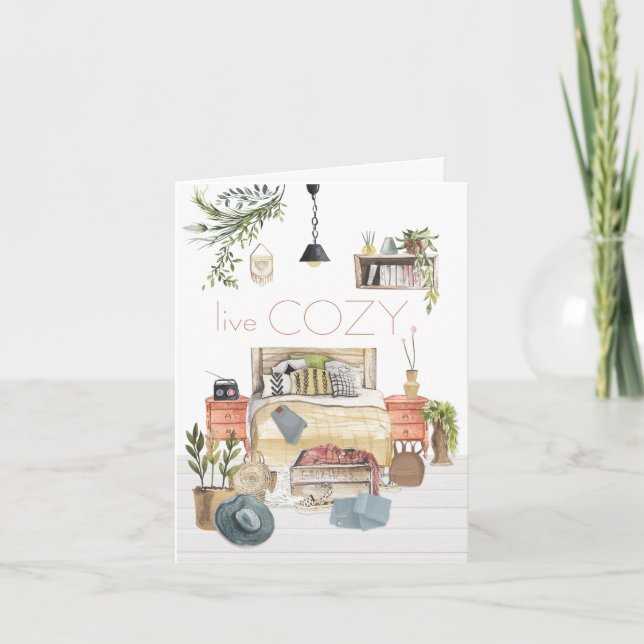 Live Cosy Hygge Homely Bedroom Scene White Card (Front)