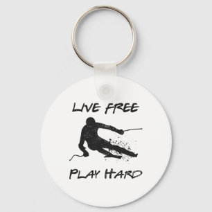 Live Free Play Hard Funny Skiing Lover Quote Skier Key Ring