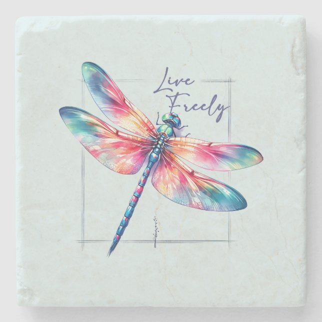 Live Freely - Artistic Dragonfly Stone Coaster (Front)