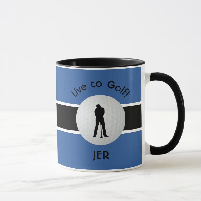 Live Golf Ball Golfer Figure Black Blue Monogram Mug (Right)
