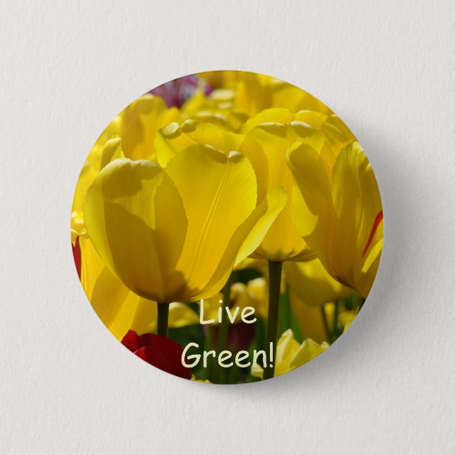 Live Green! button Yellow Red Tulip Flowers button (Front)