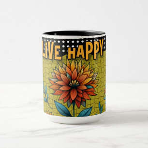 Live Happy Stained Glass Floral Mug Bold Colourful