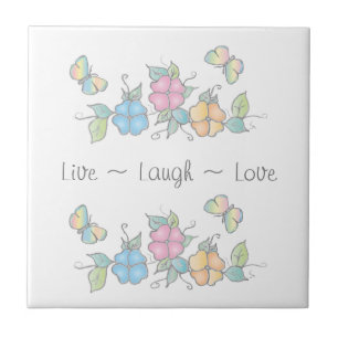 Live Laugh Butterfly Floral Watercolor Tile