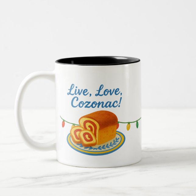 Live Laugh Cozonac Romanian String lights Two-Tone Coffee Mug (Left)