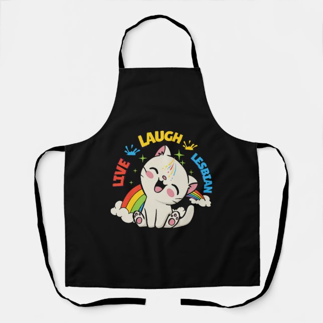 Live Laugh Lesbian Flag Rainbow Cat Pride Month Ki Apron (Front)