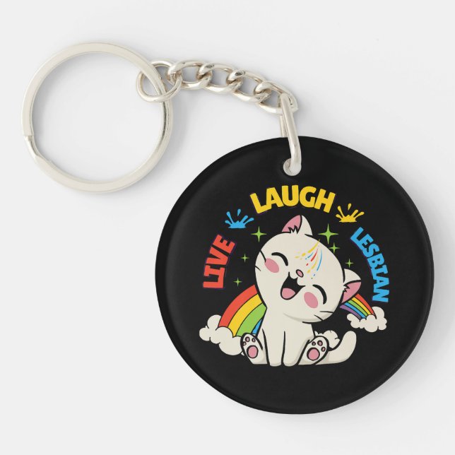 Live Laugh Lesbian Flag Rainbow Cat Pride Month Ki Key Ring (Front)