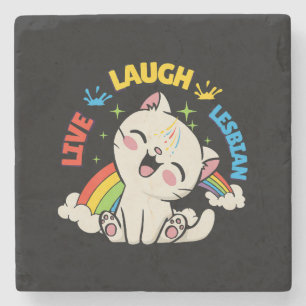 Live Laugh Lesbian Flag Rainbow Cat Pride Month Ki Stone Coaster