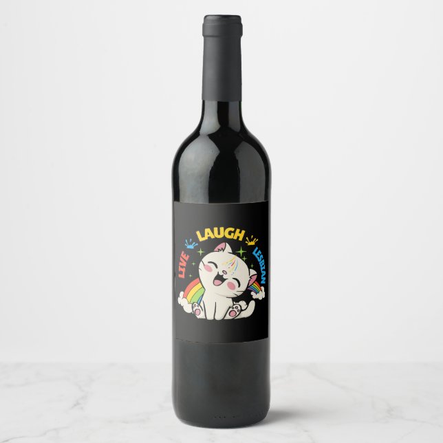 Live Laugh Lesbian Flag Rainbow Cat Pride Month Ki Wine Label (Front)