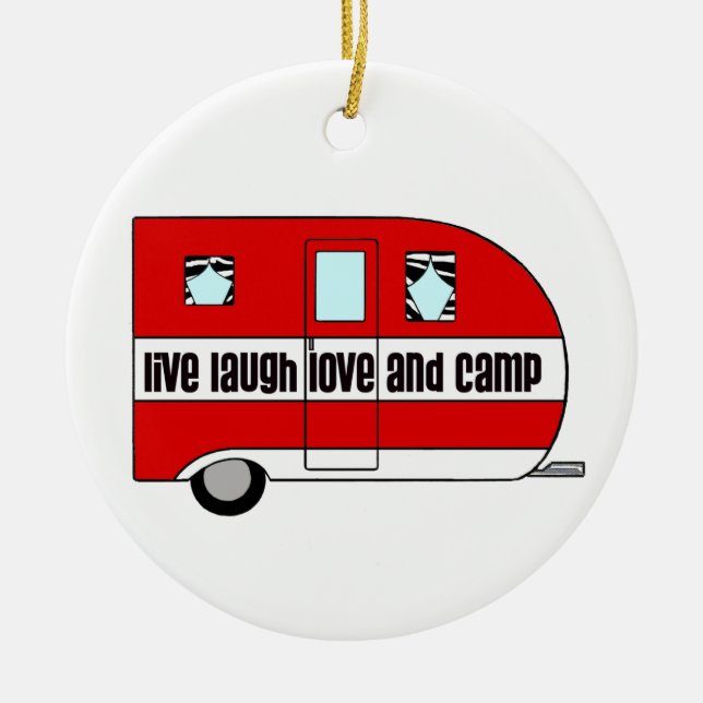 Live, Laugh, Love and Camp Ceramic Tree Decoration (Front)