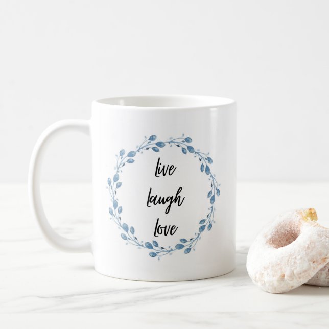 Live Laugh Love Blue Floral Wreath Mug (With Donut)