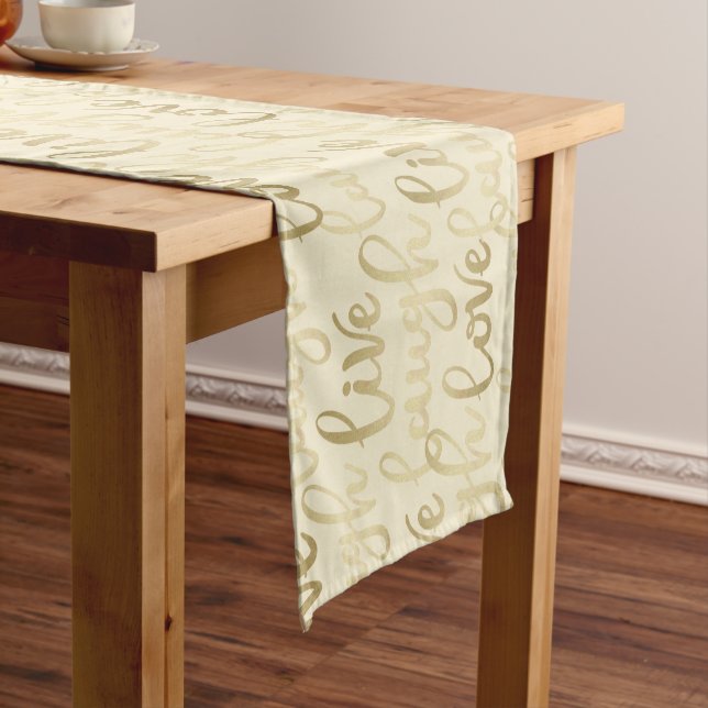 Live Laugh Love Faux Gold Lettering Light Beige Short Table Runner (In Situ)