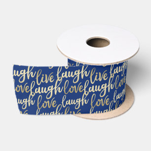 Live Laugh Love Faux Gold Lettering Navy Blue Satin Ribbon