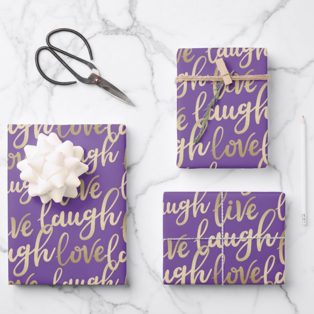 Live Laugh Love Faux Gold Lettering Pattern Wrapping Paper Sheet (Front)