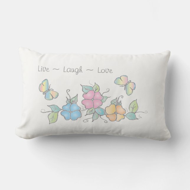 Live Laugh Love, Floral Watercolor Butterfly Lumbar Cushion (Front)