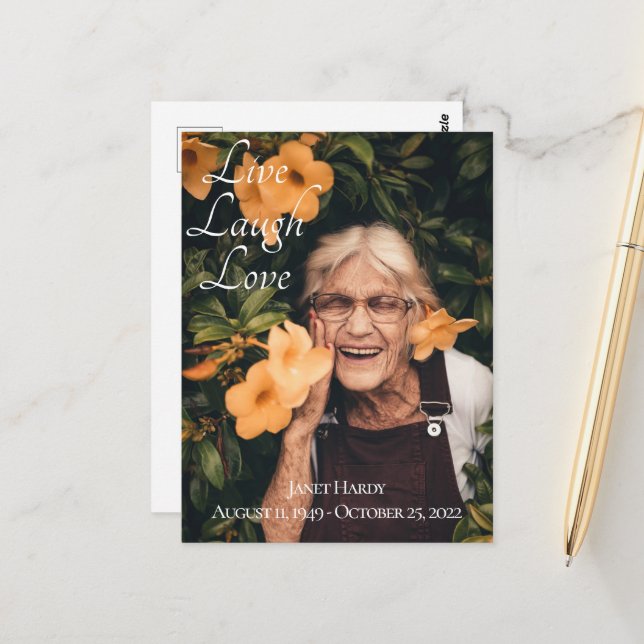 Live Laugh Love Funeral Post Card (Front/Back In Situ)