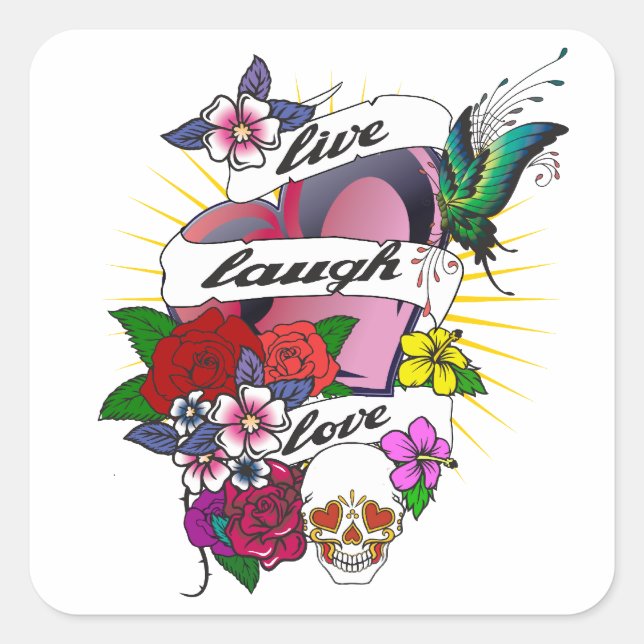 Live Laugh Love Heart Tattoo Design Square Sticker (Front)