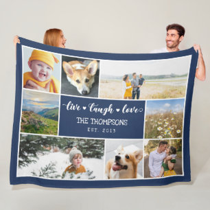 Live Laugh Love Navy Blue Photo Collage Fleece Blanket
