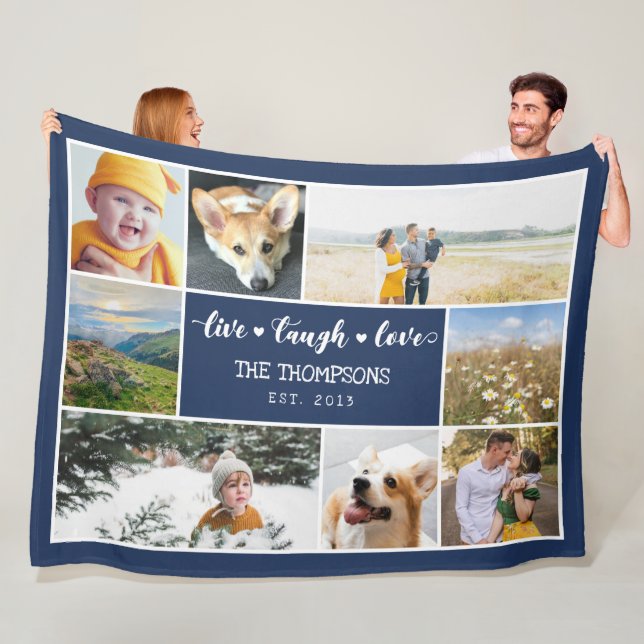 Live Laugh Love Navy Blue Photo Collage Fleece Blanket (In Situ)