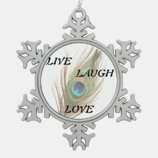 Live Laugh Love Peacock Feather Snowflake Pewter Christmas Ornament