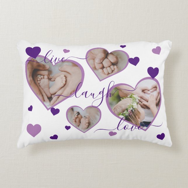 Live Laugh Love Photo Hearts Purple Accent Pillow (Front)