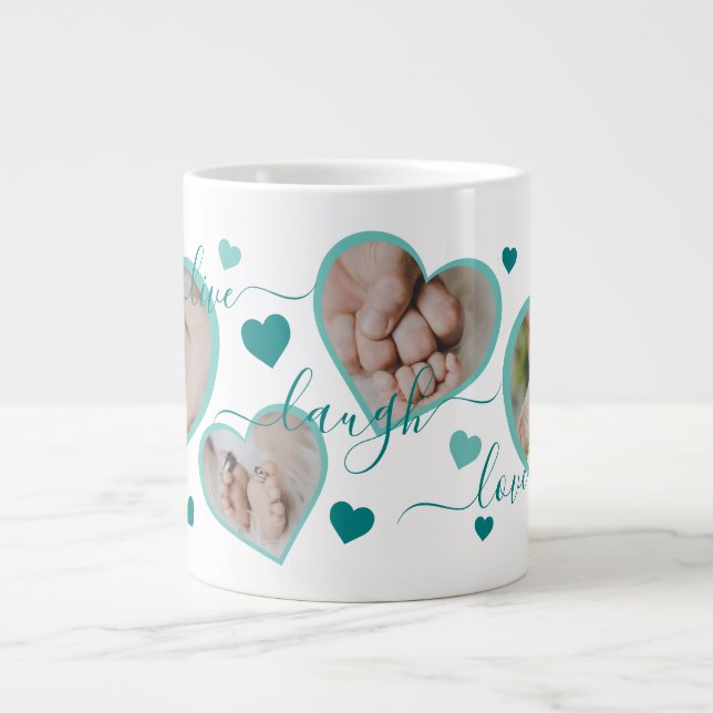 Live Laugh Love Photo Hearts Teal Large Coffee Mug (Front)