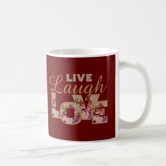 Live, Laugh, Love Rustic Floral on Burgundy Coffee Mug (Right)