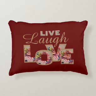 Live, Laugh, Love Rustic Floral on Burgundy Decorative Cushion