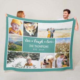 Live Laugh Love Teal Photo Collage Fleece Blanket