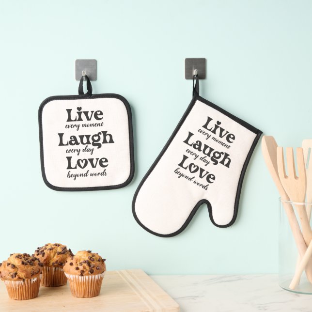 live, laugh, love - three beautiful words oven mitt & pot holder set (Insitu(Hanging))