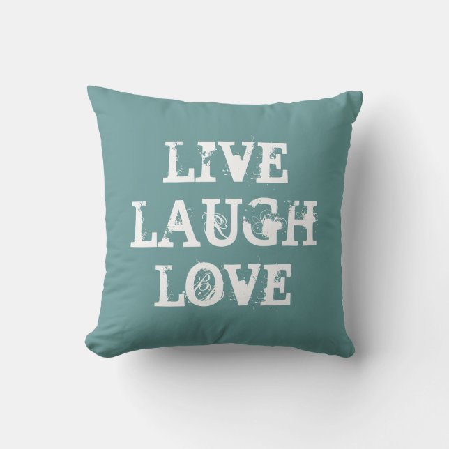 Live laugh love throw pillow with heart | Teal (Front)