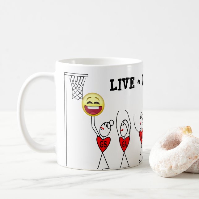 Live Laugh Play Emoji Funny Netball Coffee Mug (With Donut)